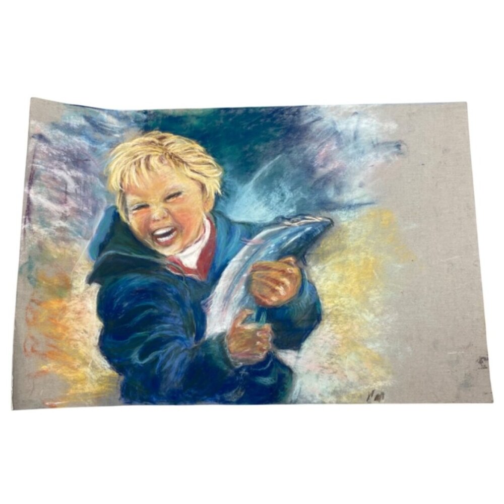 Original Pastel Art Of A Child Holding A Fish laughter blue 12x17.5" READ